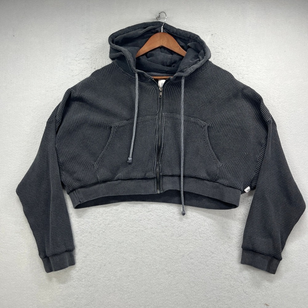 BDG Hoodie Womens Large Gray Waffle Knit Cropped Zip Up Thermal Loungewear Cozy